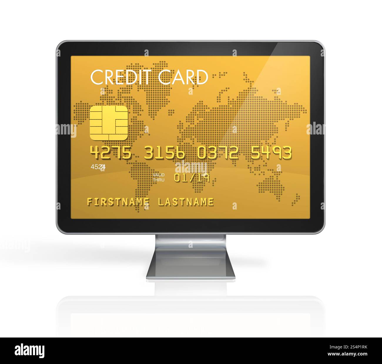 3D render of a gold credit card on a computer screen- isolated on white with 2 clipping paths : one for global scene and one for the screen. gold Stock Photo