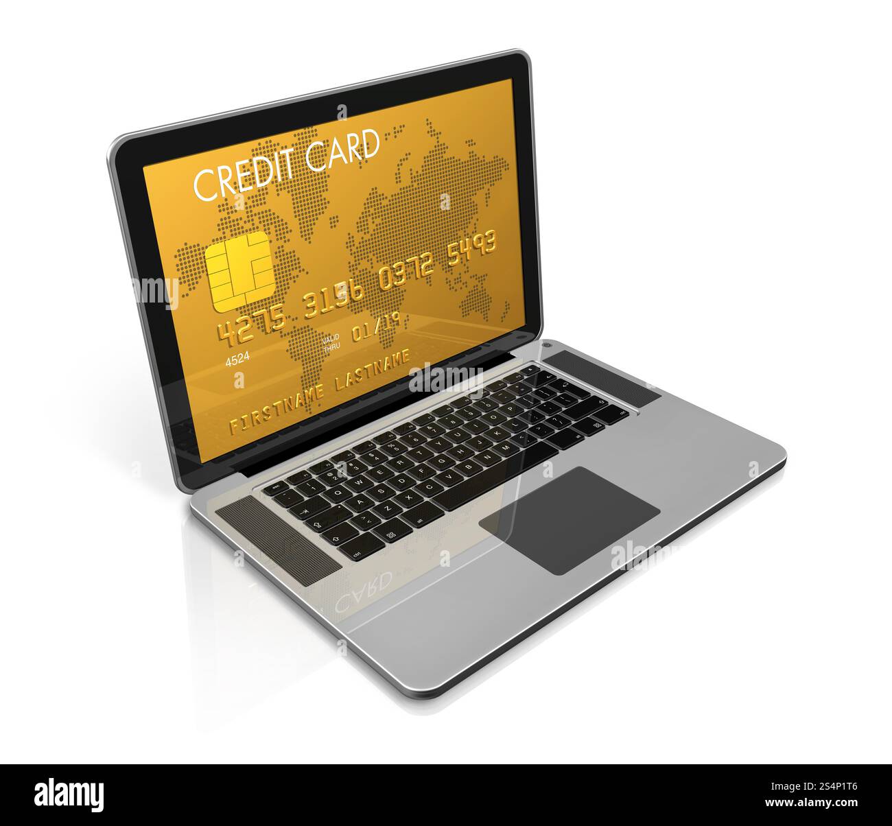 3D render of a gold credit card on a laptop screen- isolated on white with clipping path. gold credit card on a laptop screen Stock Photo