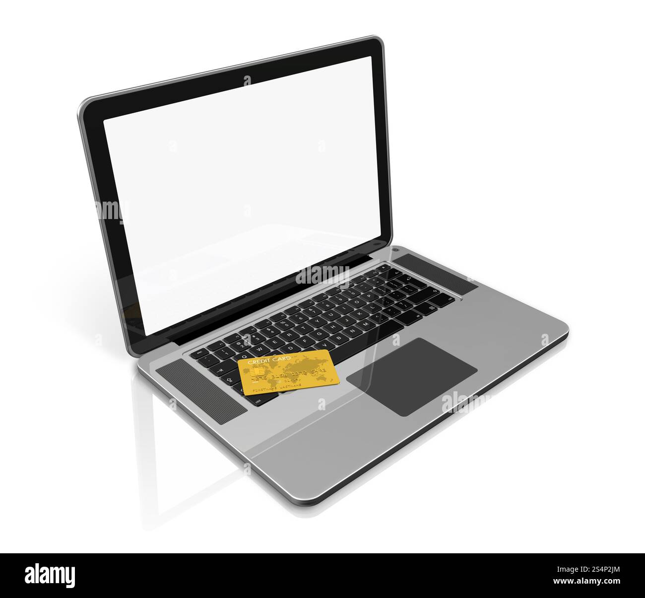 3D render of a gold credit card on a laptop - isolated on white with clipping path. gold credit card on laptop Stock Photo