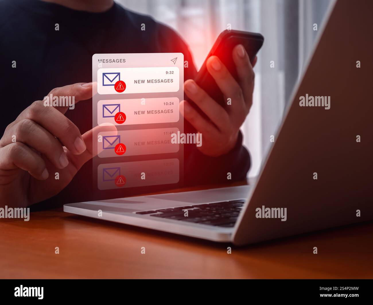 SMS scam or fake text message phishing concept. System hacked warning ...