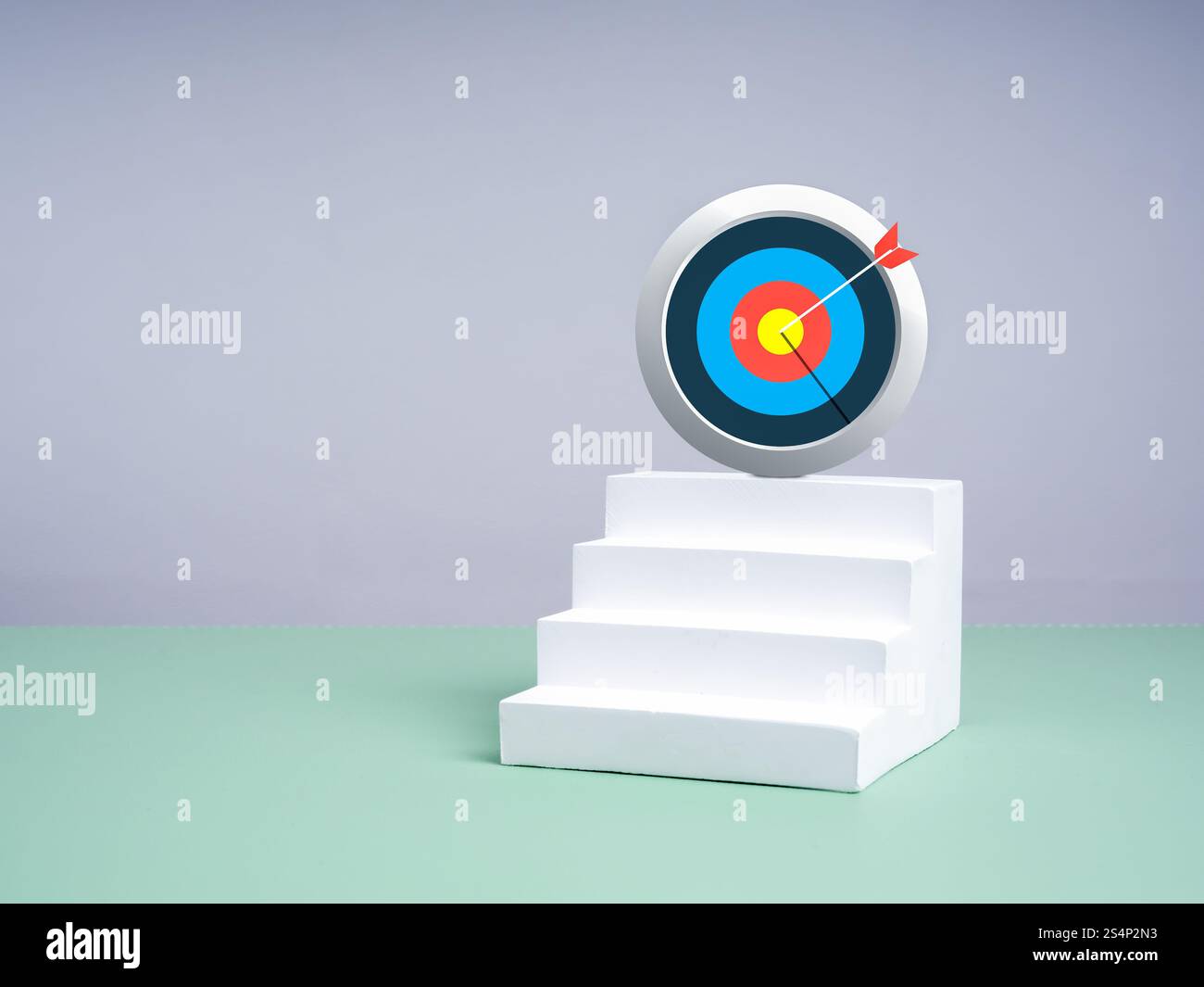 Big colorful target icon on top of white 3d steps as bar graph chart on ...
