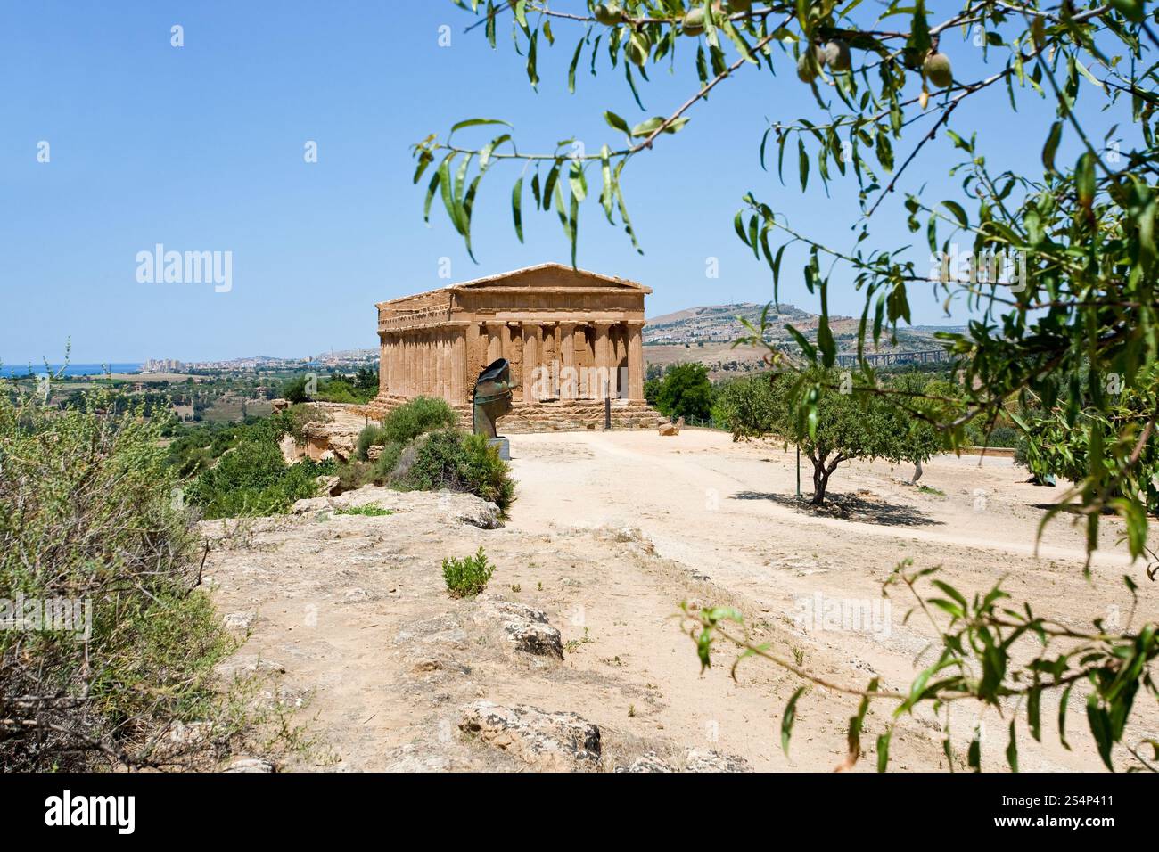 view on Temple on Concordia in Valley of Temples and town Agrigento, Sicily Stock Photo