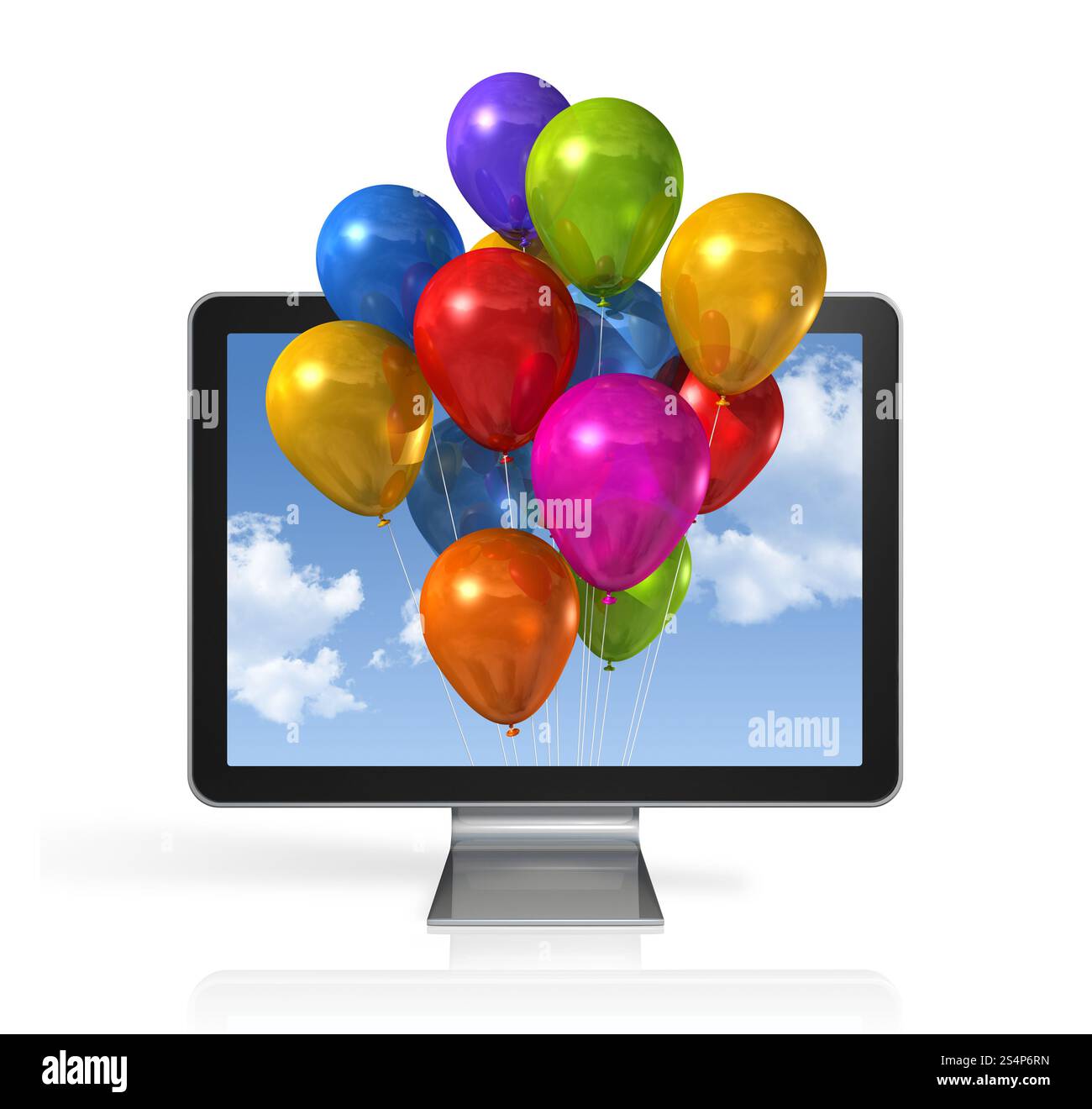 multi colored balloons in a 3D tv screen isolated on white. multi colored balloons in a 3D tv screen Stock Photo