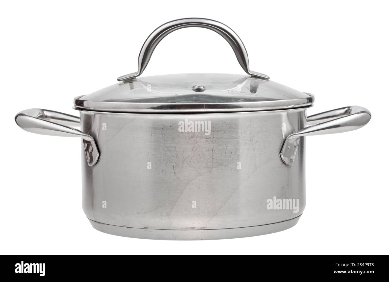 small stainless steel saucepan covered by glass lid isolated on white ...