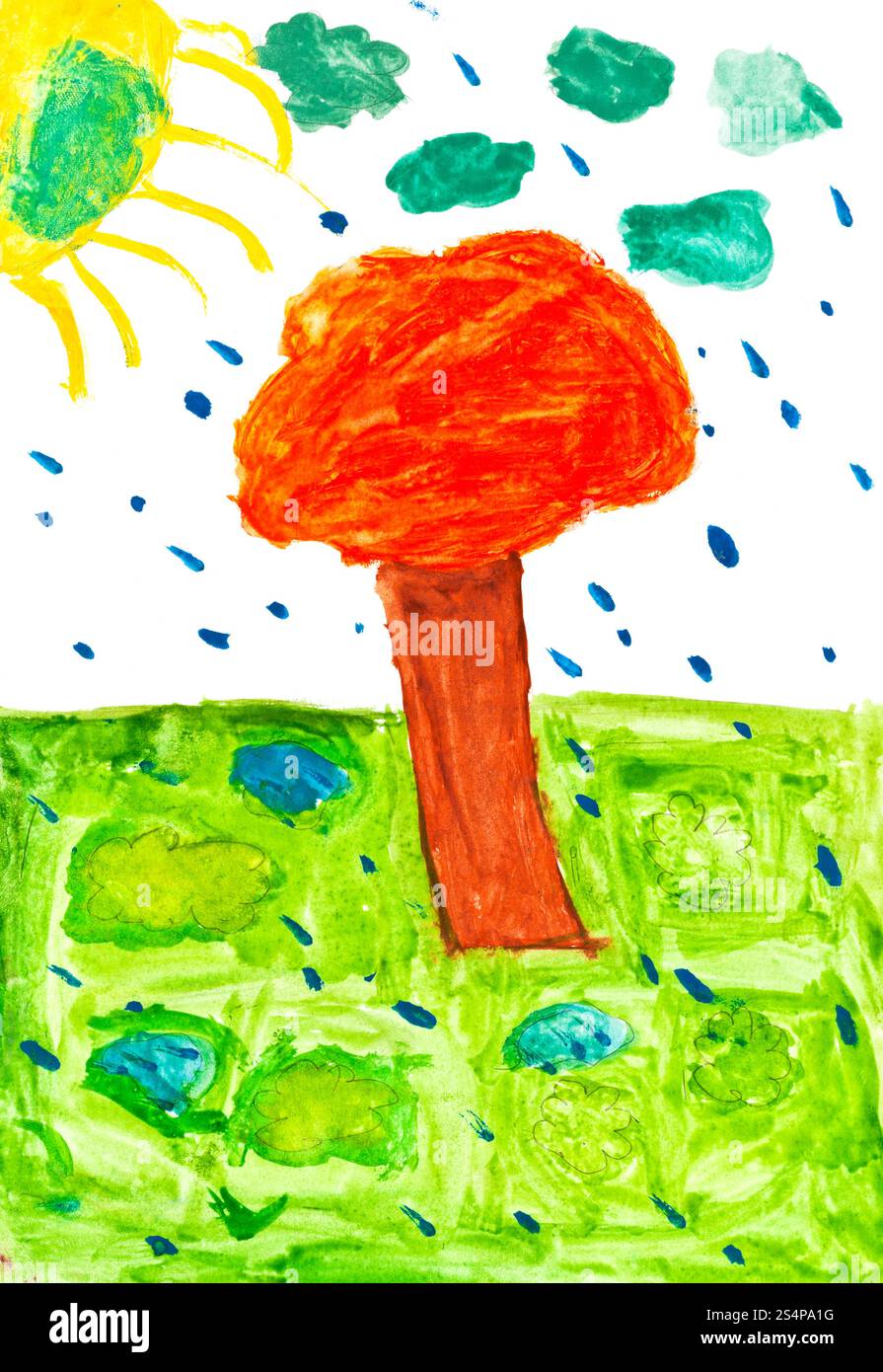 children drawing - orange tree under rain in country field Stock Photo ...