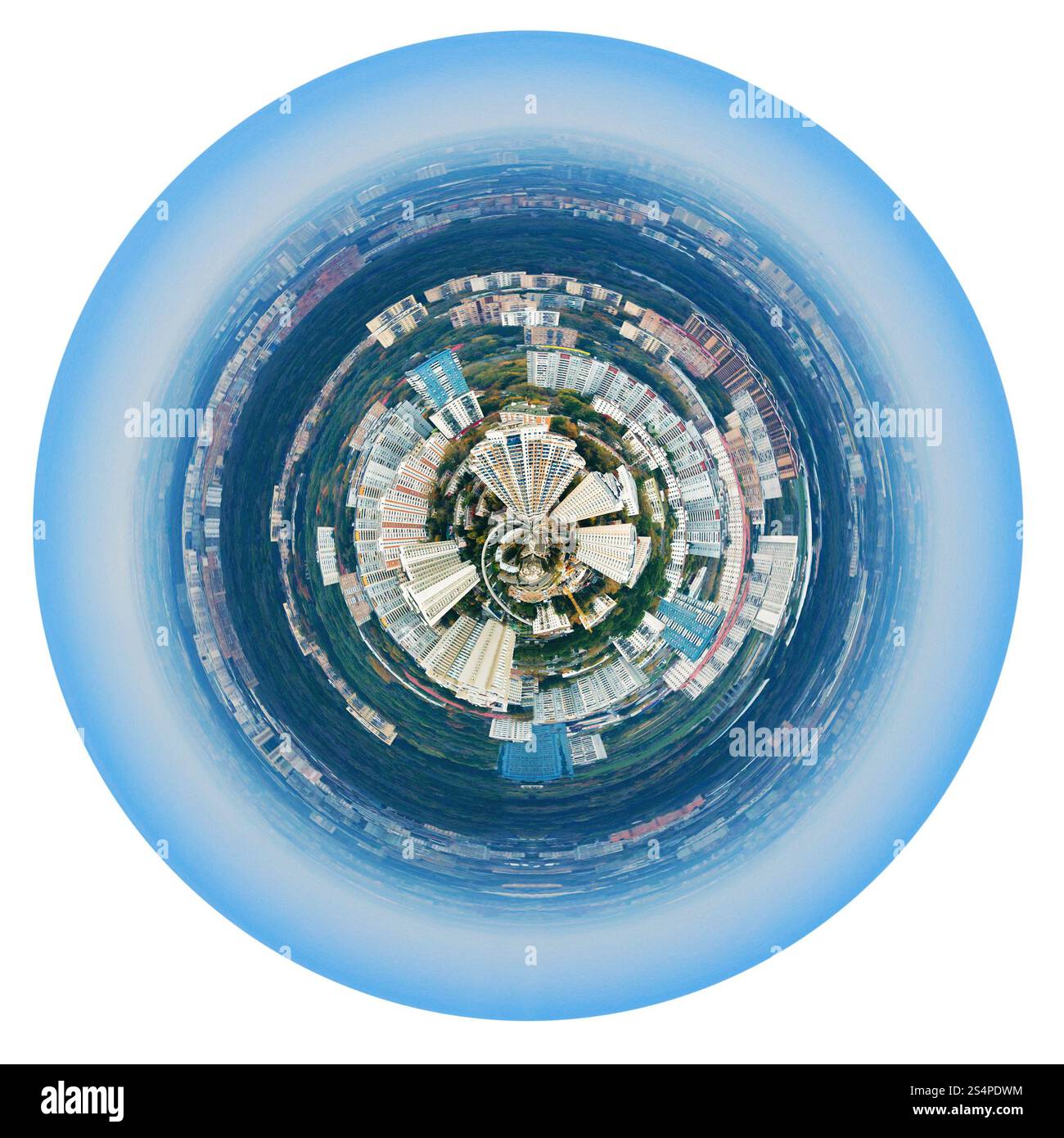 little planet - urban spherical panorama of Moscow residential district under blue sky isolated on white background Stock Photo
