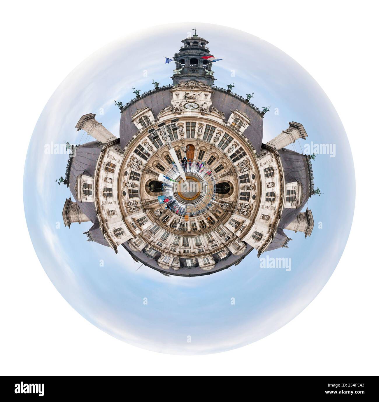 little planet - urban spherical view of Hotel de Ville (City Hall) in Paris isolated on white background Stock Photo
