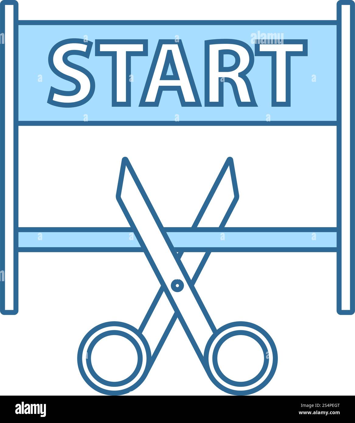 Scissors Cutting Tape Between Start Gate Icon. Thin Line With Blue Fill Design. Vector Illustration. Stock Vector