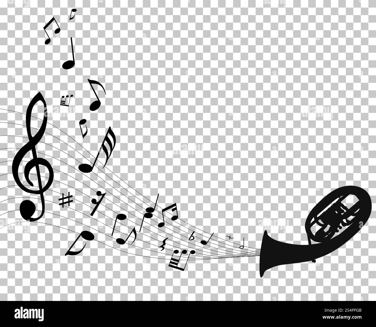 Abstract music background with different notes and wind instruments ...