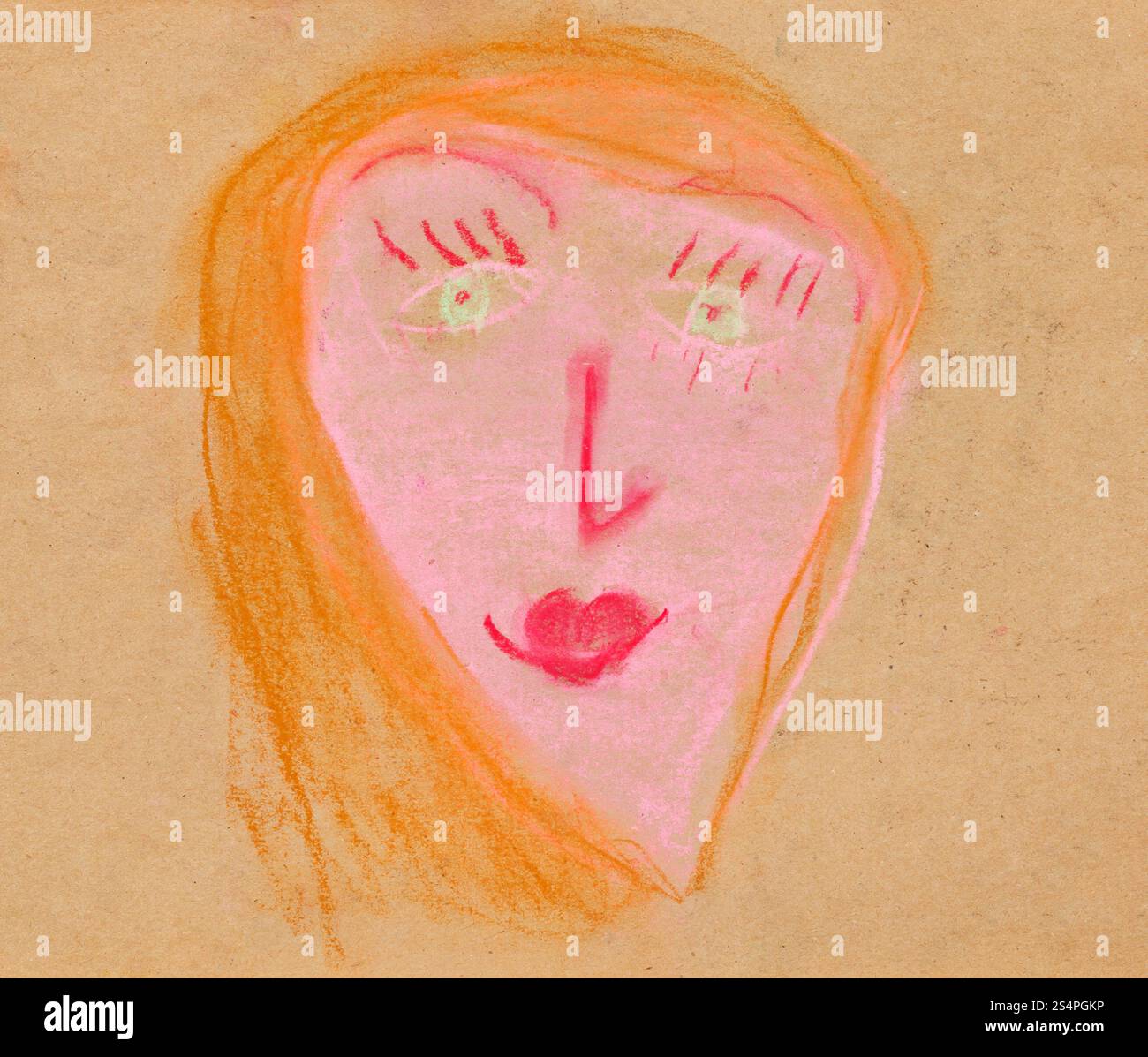 children drawing - woman full face with red hair Stock Photo