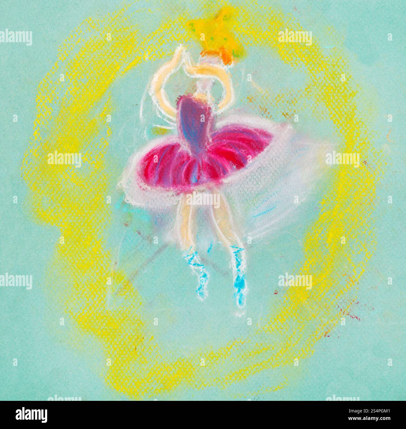 children drawing - dancing ballerina in yellow circle Stock Photo