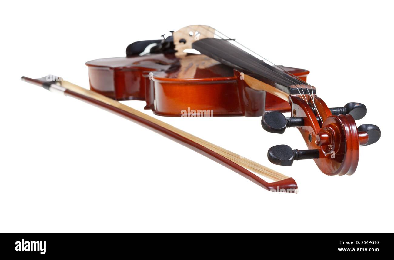 pegbox of classical modern violin and french bow close up isolated on white background Stock Photo