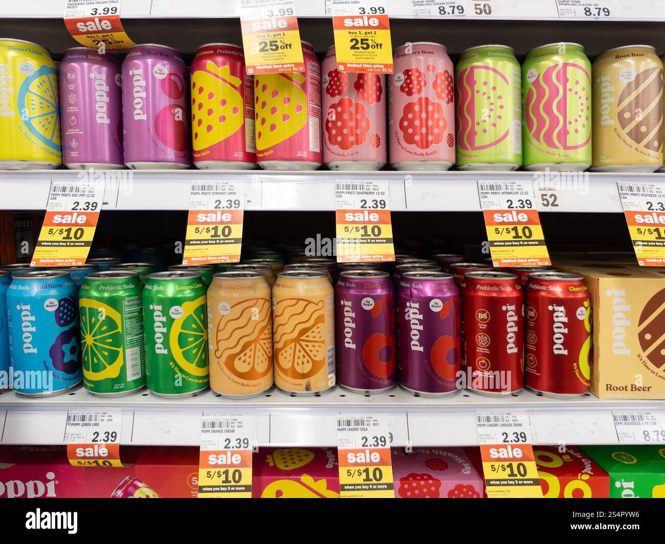 Popi prebiotic soda pop soft drinks for sale at a Meijer store - Smartphone Captured Stock Image