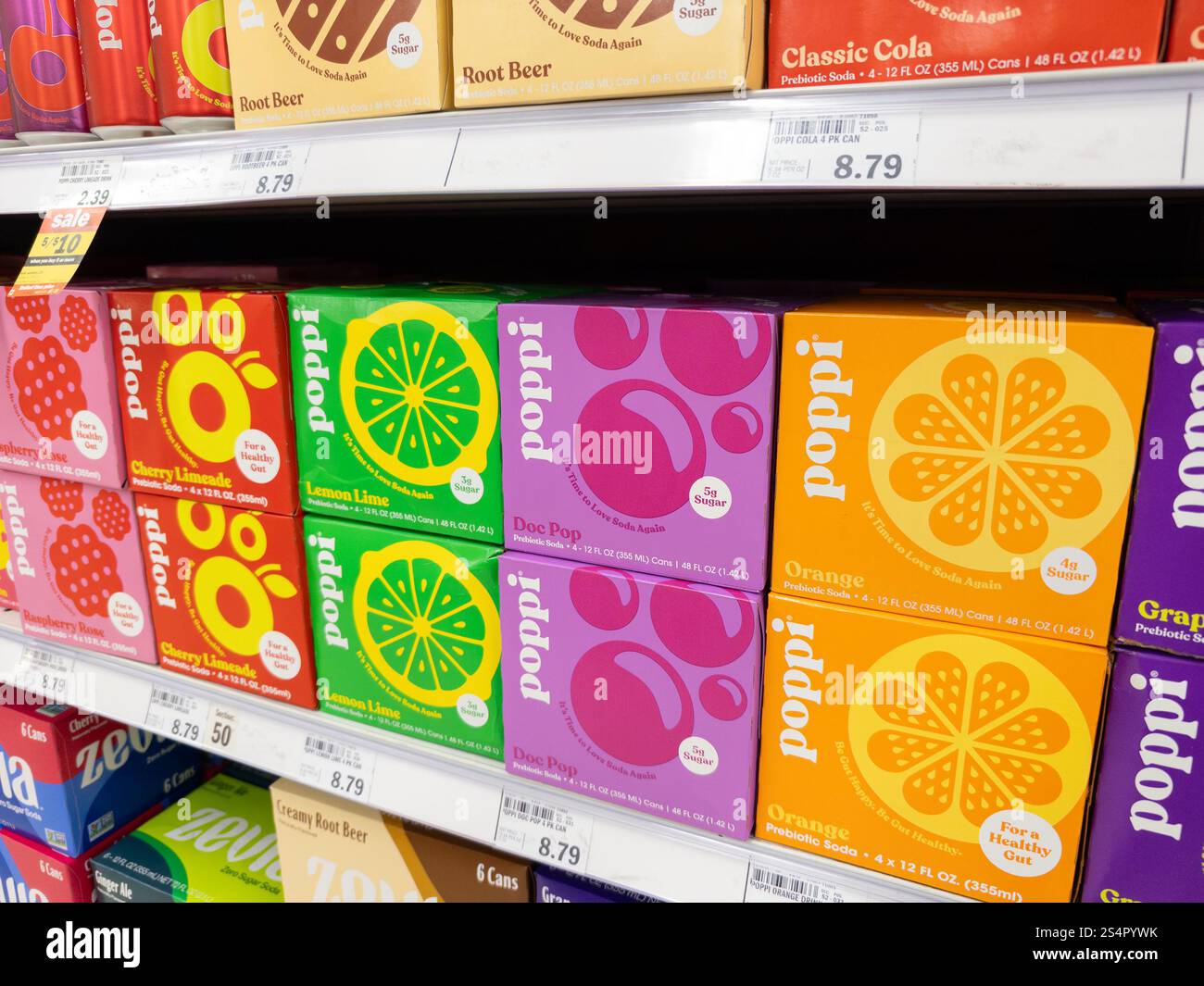 Boxes of Popi pre-biotic soft drinks on display at a Meijer store in Michigan USA - Smartphone Captured Stock Image