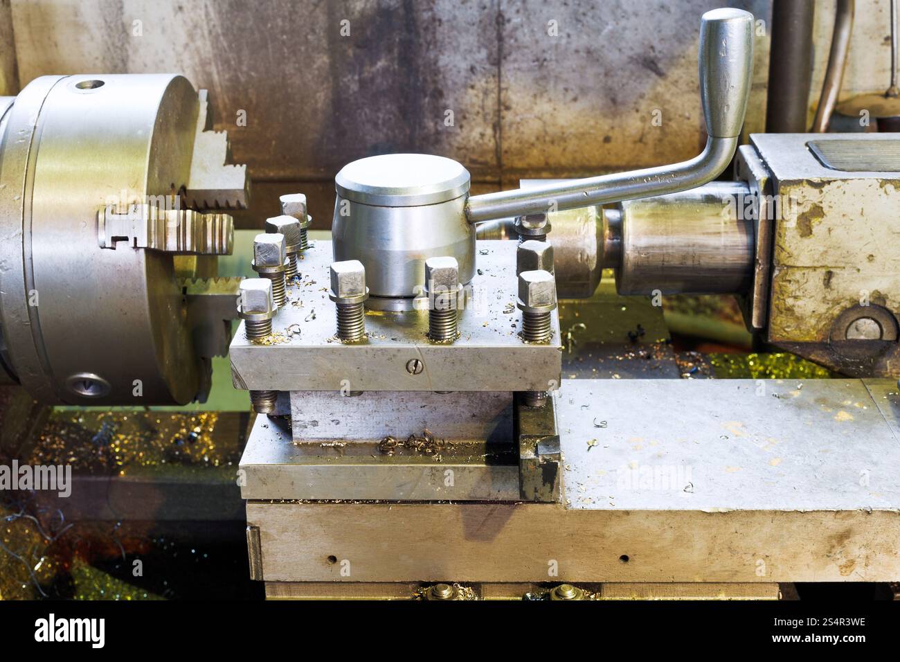 spindles of metalworking lathe machine in turnery Stock Photo