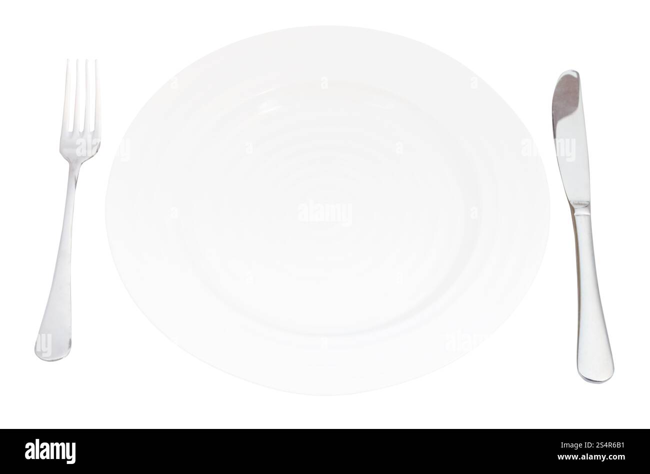 empty white plate with fork and knife set isolated on white background ...
