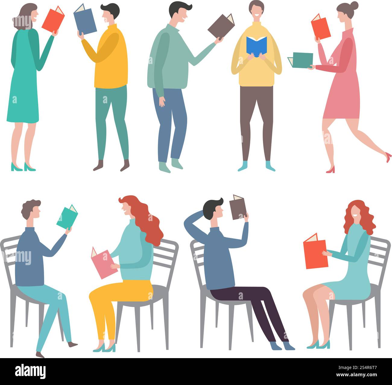 Funny characters male and female standing and reading books. Stylized ...