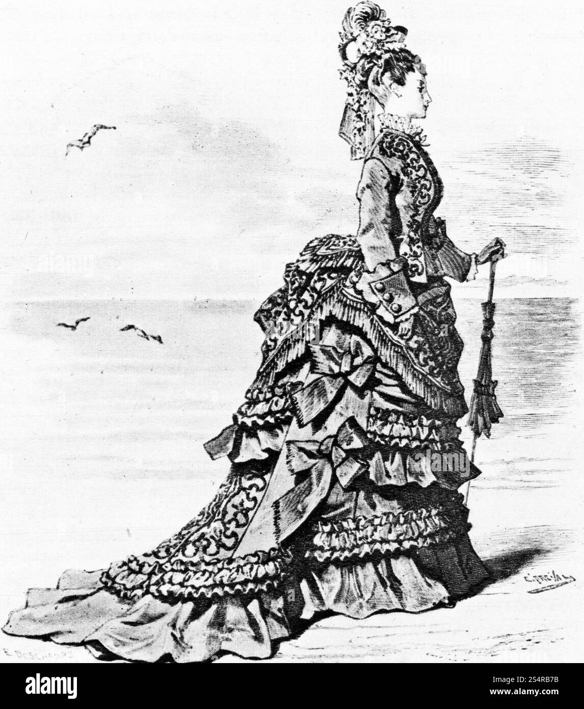Seaside Costume, 1873. From "The English Woman's Domestic Magazine", 1873. A Victorian fashion plate of a woman walking on a beach. Stock Photo