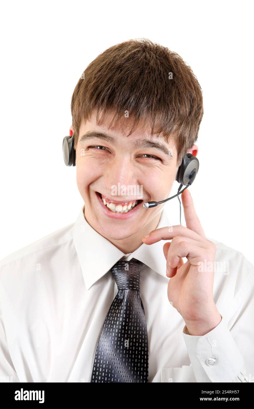 Happy Young Man With Headset. Isolated on the White Background Stock Photo