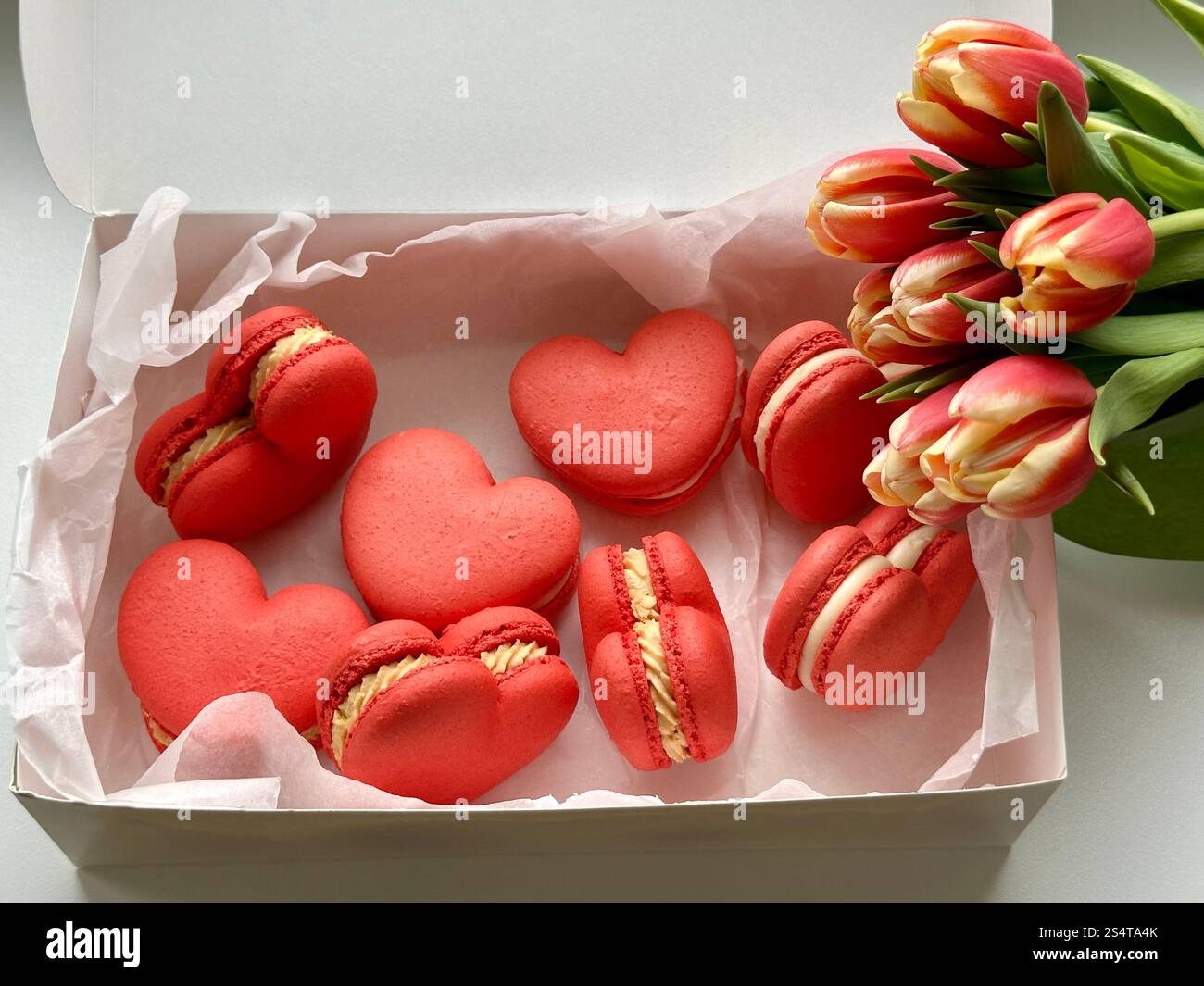 French dessert red hearts macarons in the white box and red tulips on the white background - Smartphone Captured Stock Image