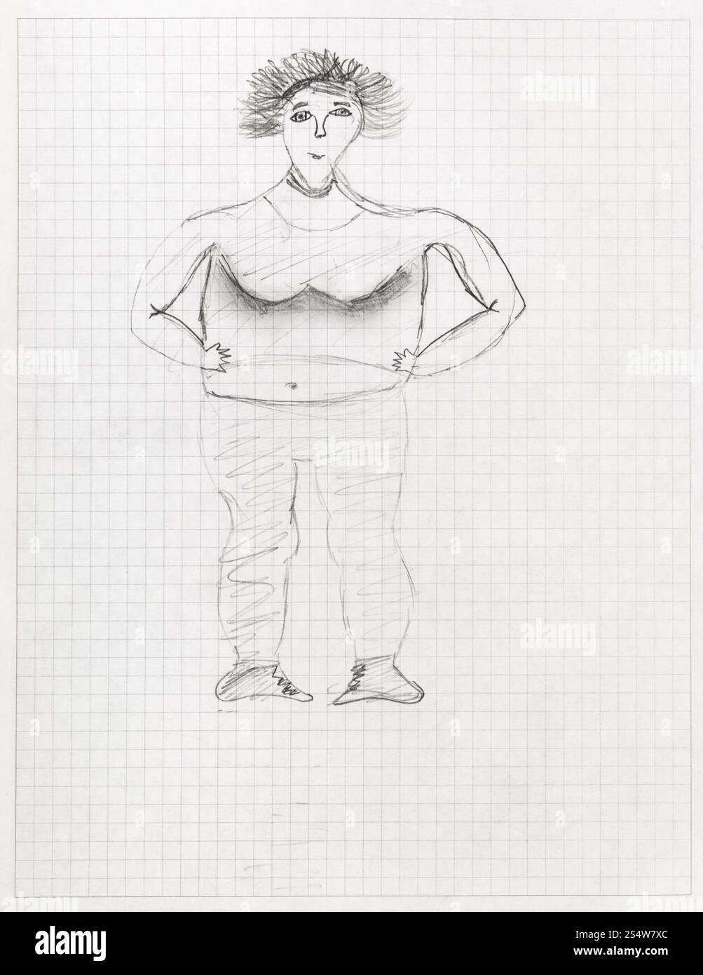 children drawing - portrait of big woman by black pencil on sheet of squared school notebook Stock Photo