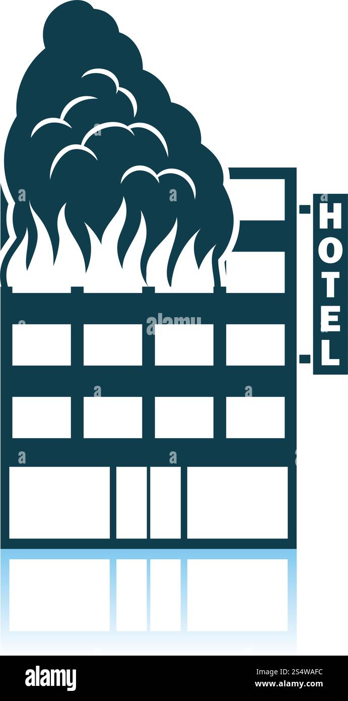 Hotel Building In Fire Icon. Shadow Reflection Design. Vector Illustration. Stock Vector