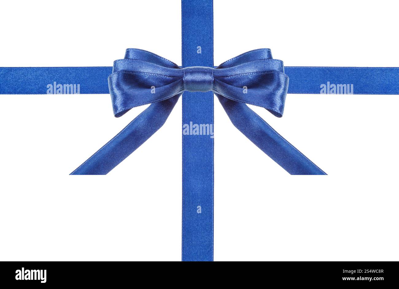 one big blue satin bow in middle and two intersecting ribbons isolated ...