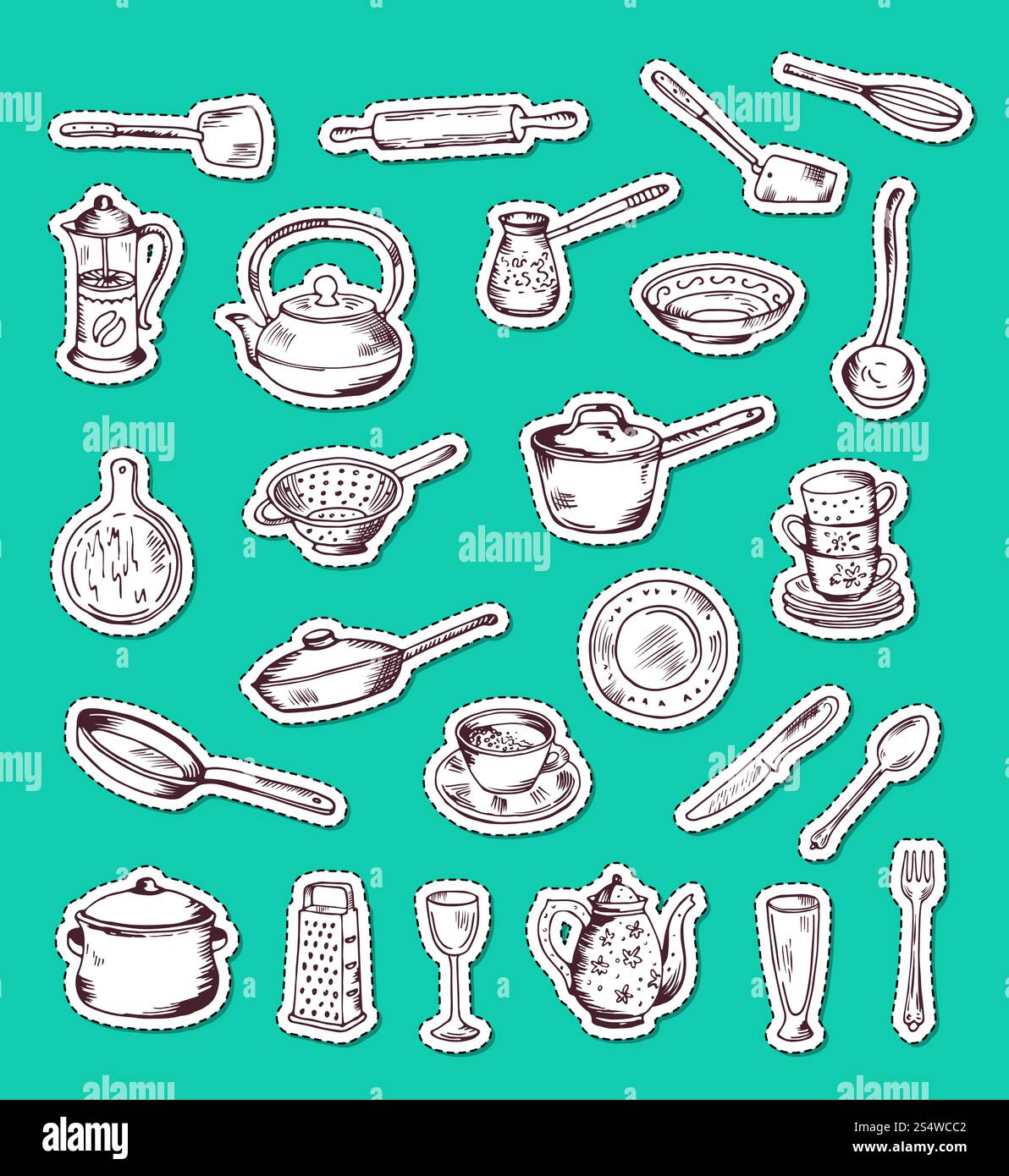 Vector stickers set with hand drawn kitchen utensils isolated in green ...