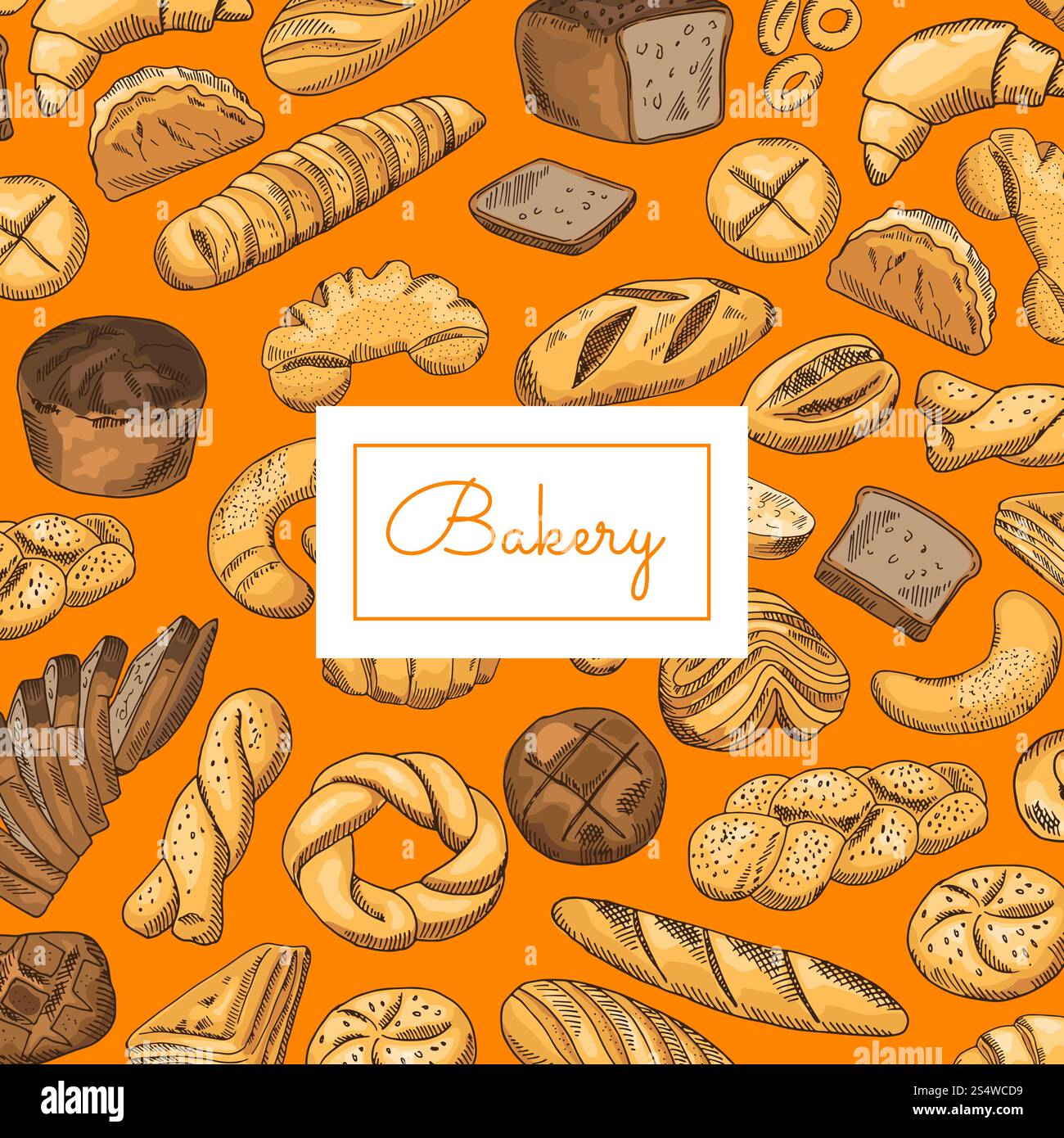 Vector banner hand drawn colored bakery elements background with place ...