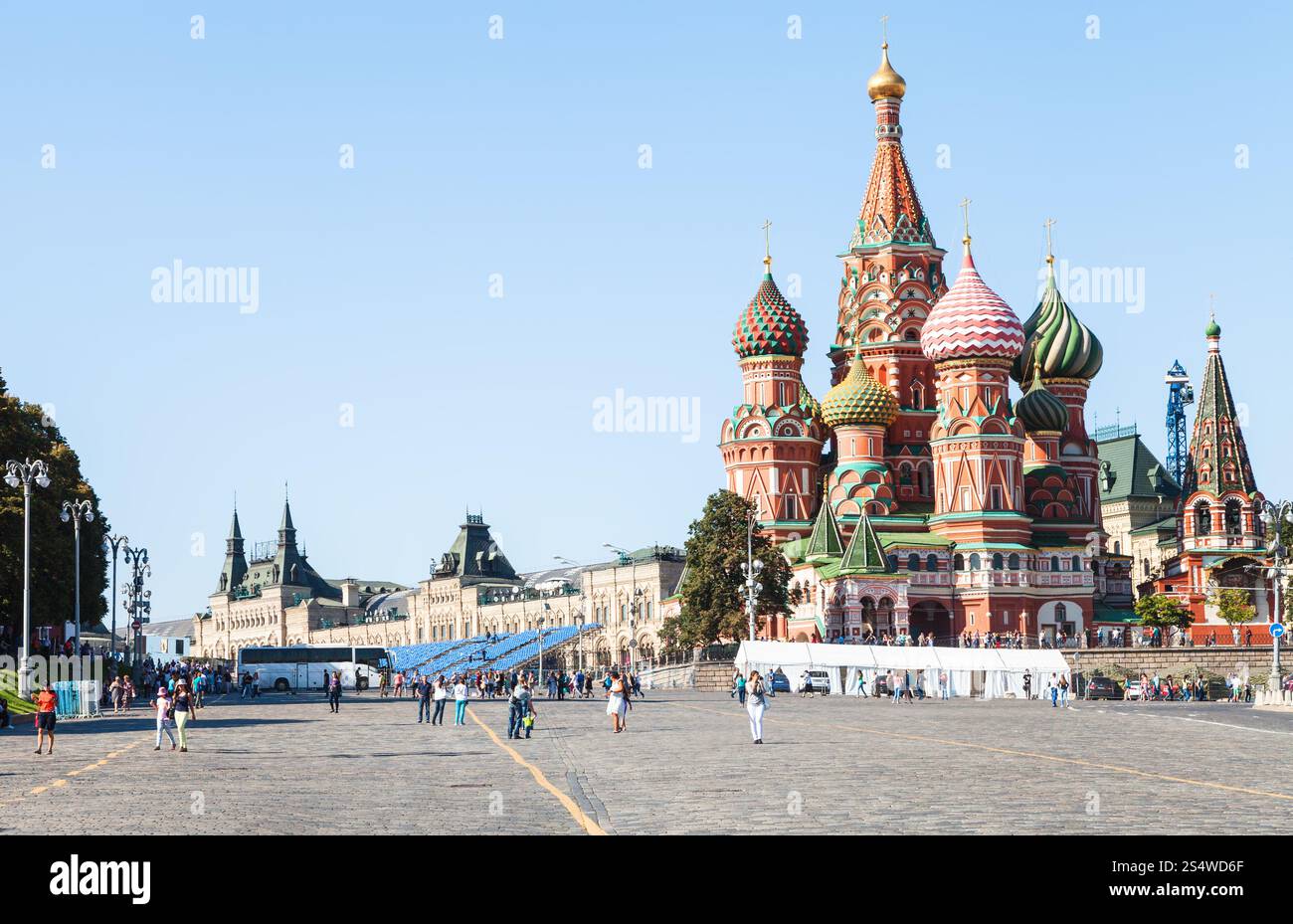 Moscow cityscape - Pokrovsky Cathedral and Vasilevsky Descent of Red Square of Moscow Kremlin in summer afternoon Stock Photo