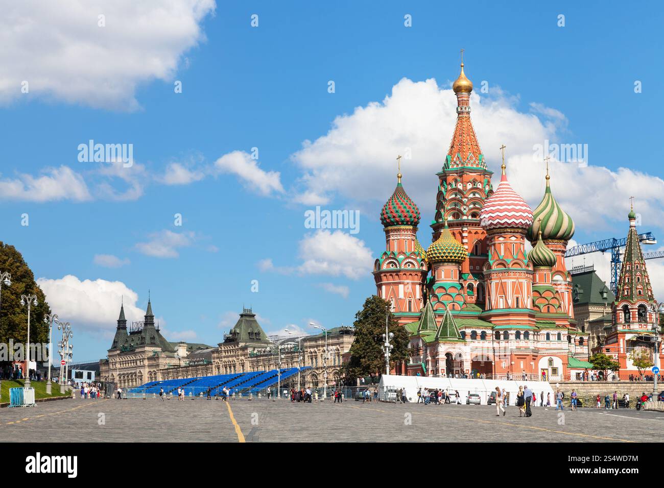 Moscow cityscape - Saint Basil Cathedral and Vasilevsky Descent of Red Square of Moscow Kremlin in sunny summer day Stock Photo