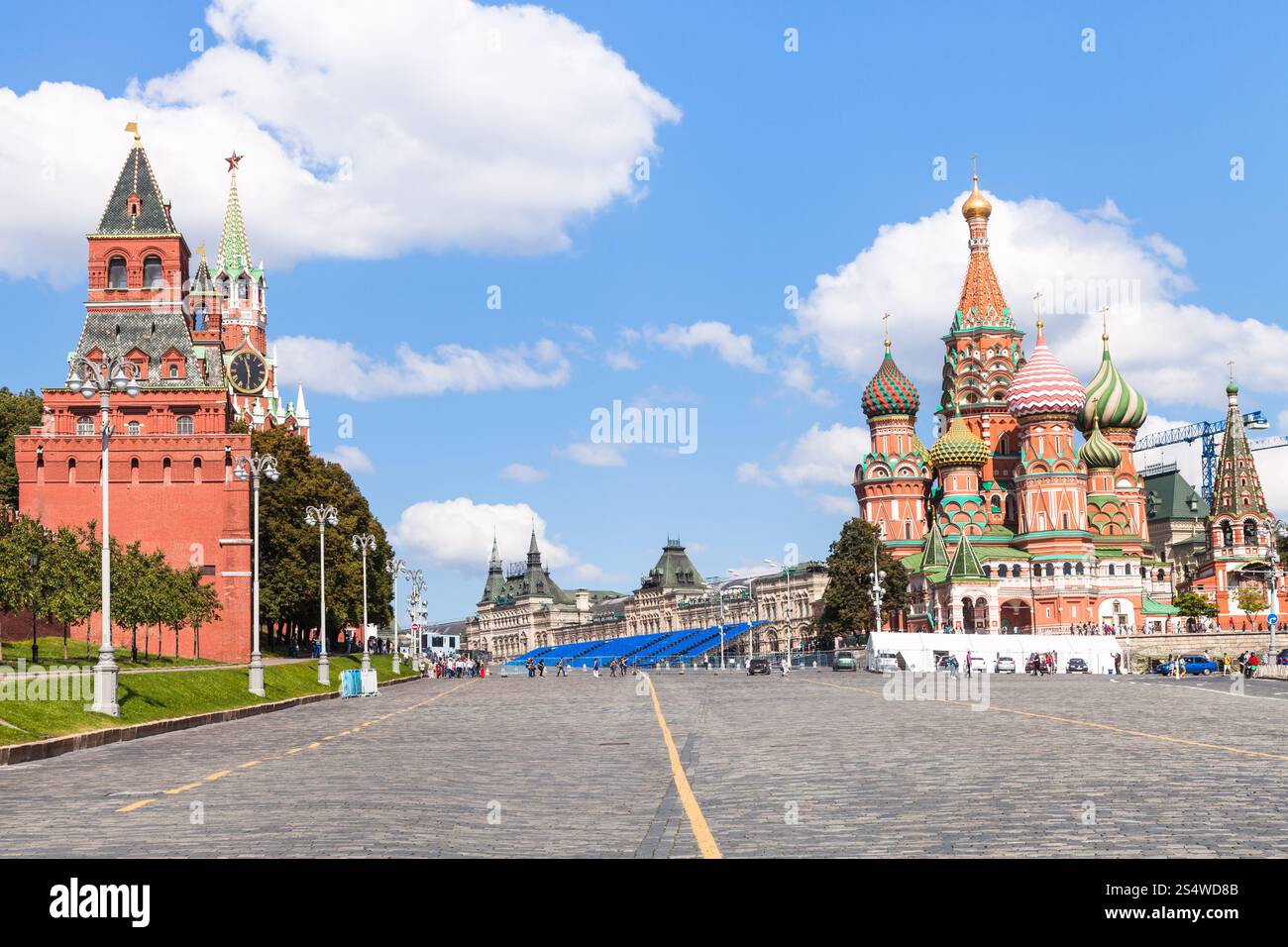 Moscow cityscape - Vasilevsky Descent, Towers of Moscow Kremlin, Saint Basil Cathedral on Red Square of Moscow Kremlin in sunny summer day Stock Photo