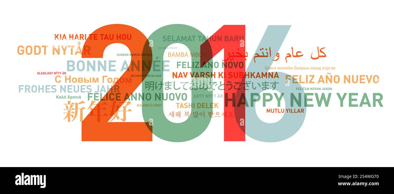 Happy new year from the world. Different languages celebration card ...