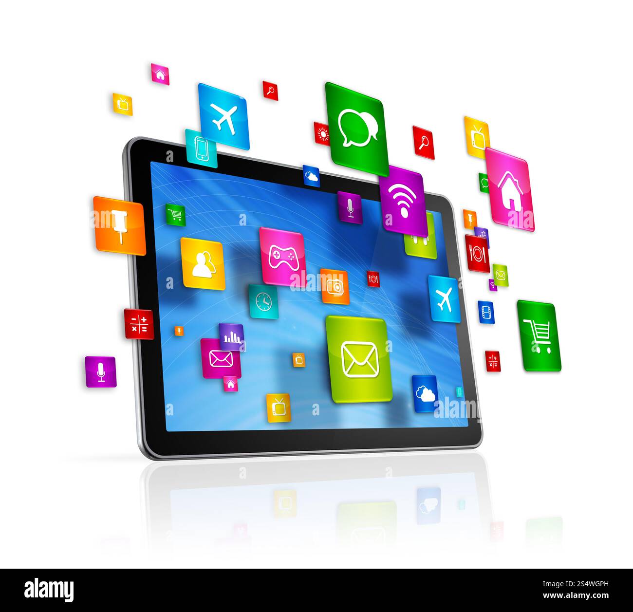 3D Tablet PC with flying apps icons - isolated on white. Tablet PC and flying apps icons Stock Photo