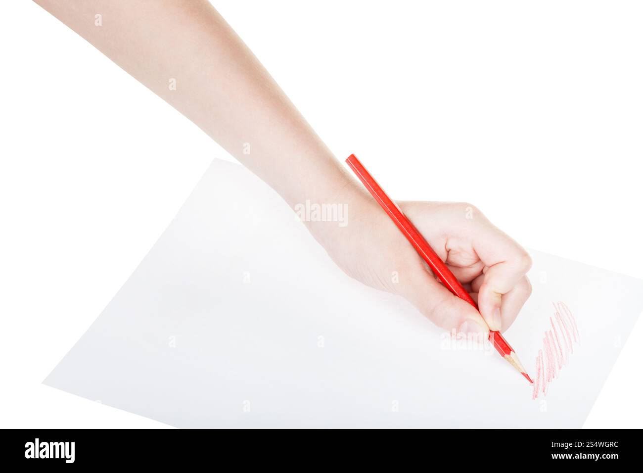 hand paints by red pencil on sheet of paper isolated on white ...