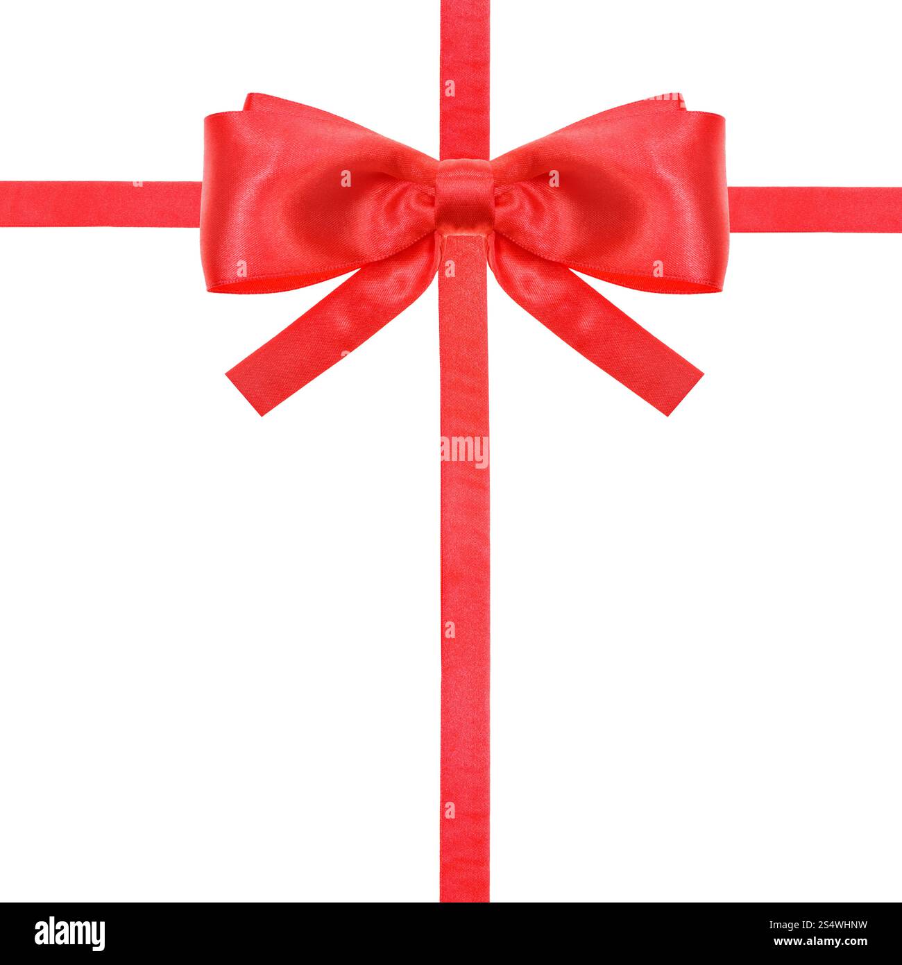 one red satin bow in upper middle and two intersecting ribbons isolated ...
