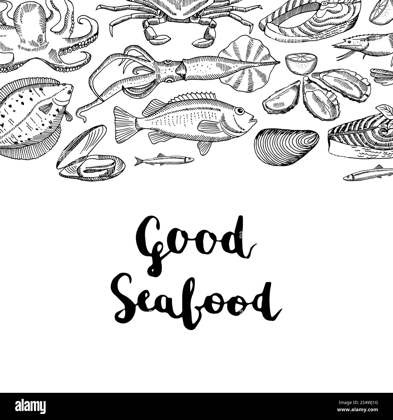 Vector background illustration banner or poster with hand drawn seafood ...