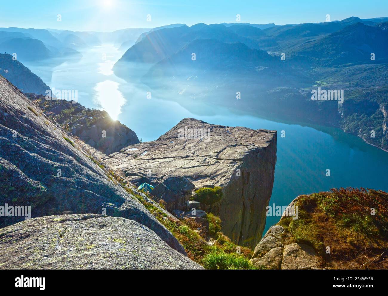 Preikestolen massive cliff (Norway, Lysefjorden summer morning view) Stock Photo