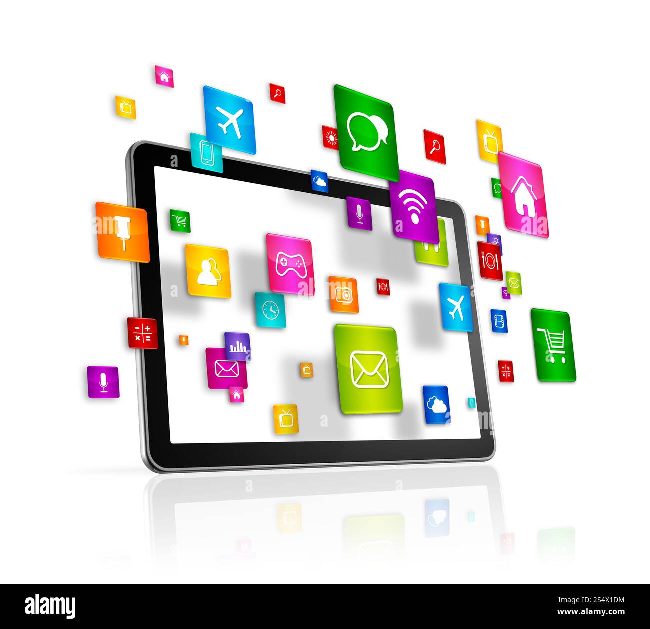 3D Tablet PC with flying apps icons - isolated on white. Tablet PC and flying apps icons Stock Photo