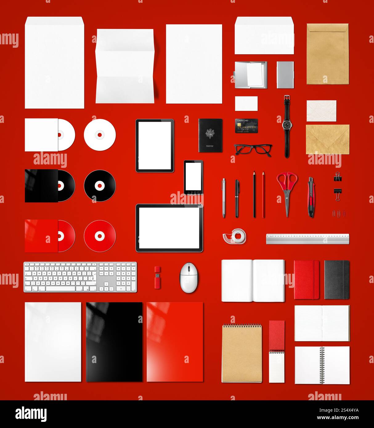 Products branding mockup template, isolated on red background Stock Photo