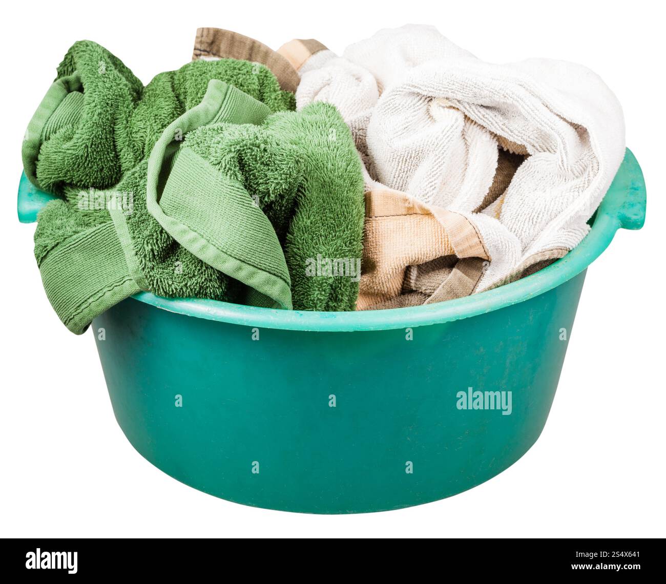 Round green plastic wash basin with towels isolated on white background Stock Photo