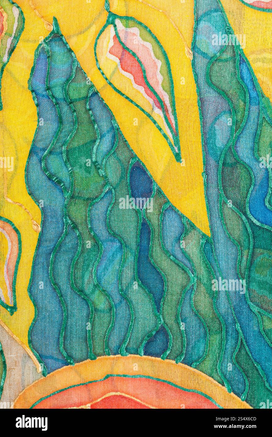 textile background - yellow and green abstract hand painted pattern on ...