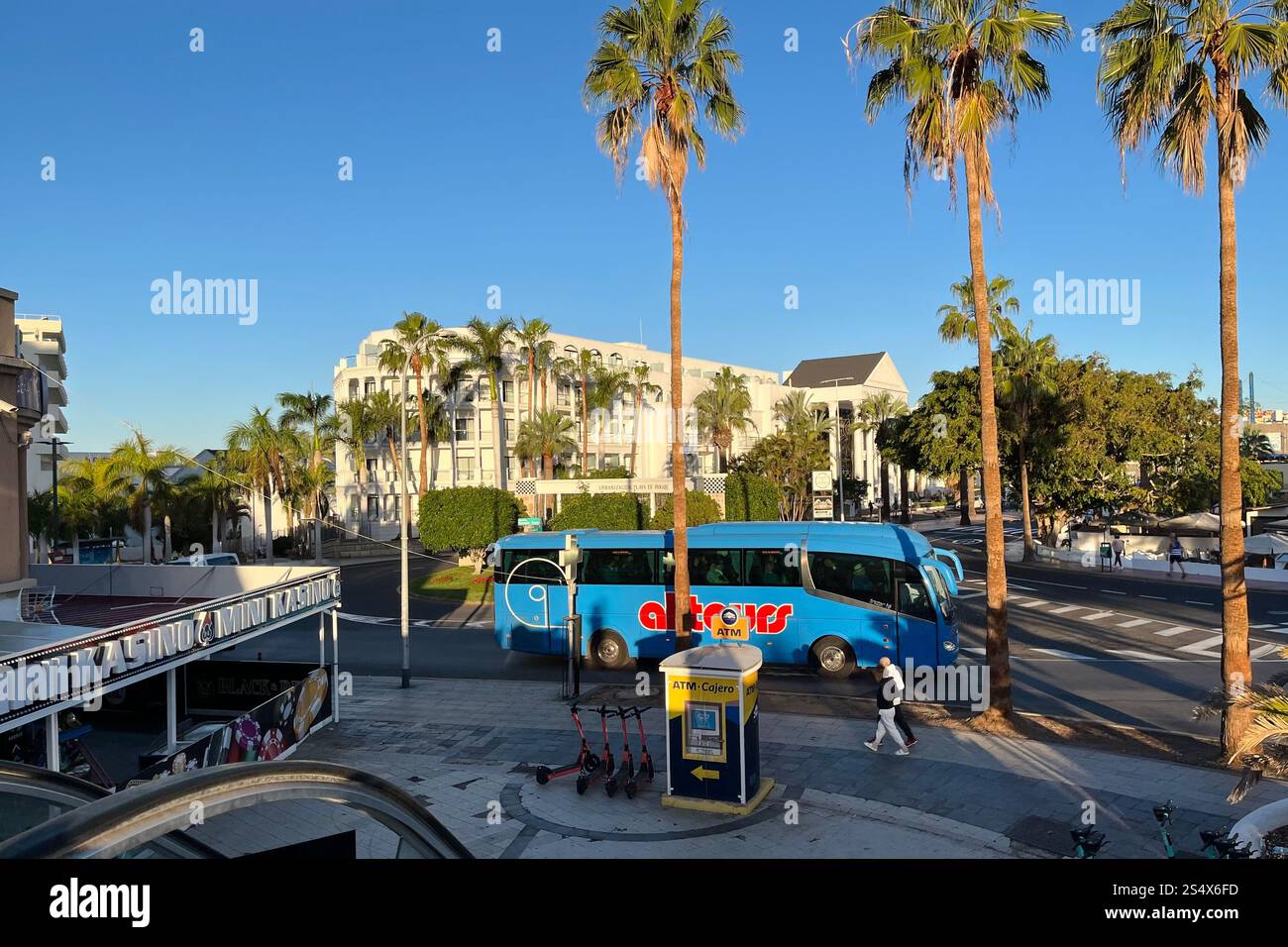 Looking towards the Princess Inspire Hotel and a set of tall palm trees. Costa Adeje, Tenerife, Canary Islands, Spain. 11th January 2025. - Smartphone Captured Stock Image