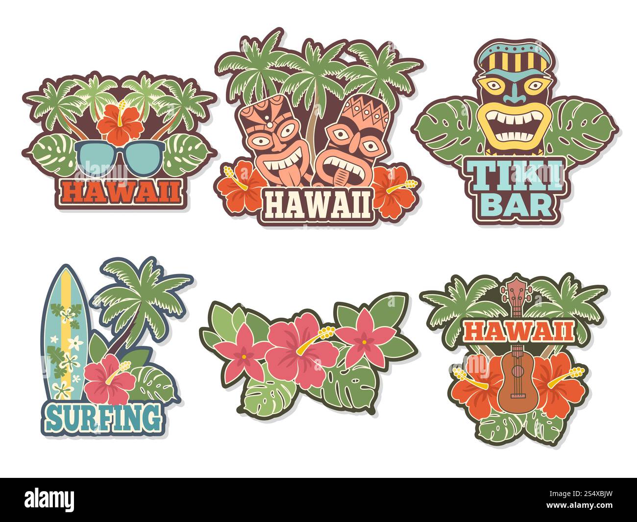Different colored stickers and badges set with symbols of hawaiian ...