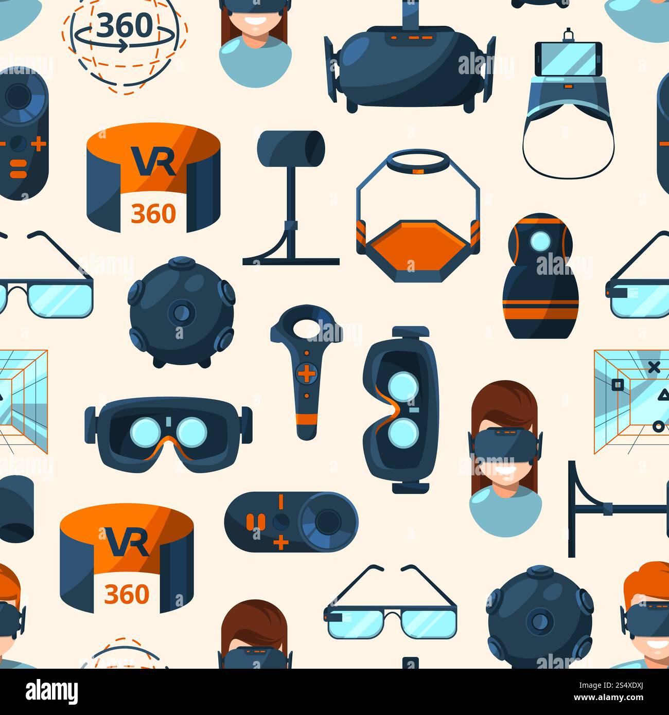 Vector pattern or background illustration with flat style virtual reality elements. Game reality virtual device, seamless pattern with gadget gaming. Vector pattern or background illustration with flat style virtual reality elements Stock Vector