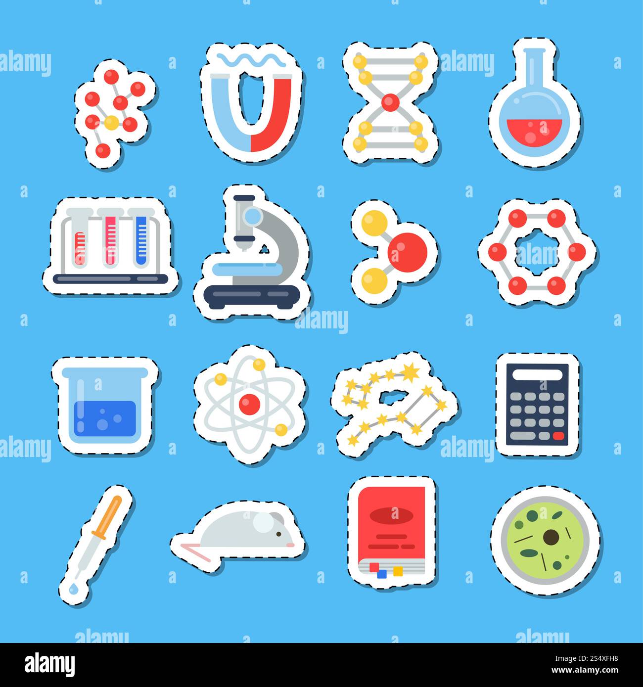 Vector colored flat style science icons stickers with shadows set ...