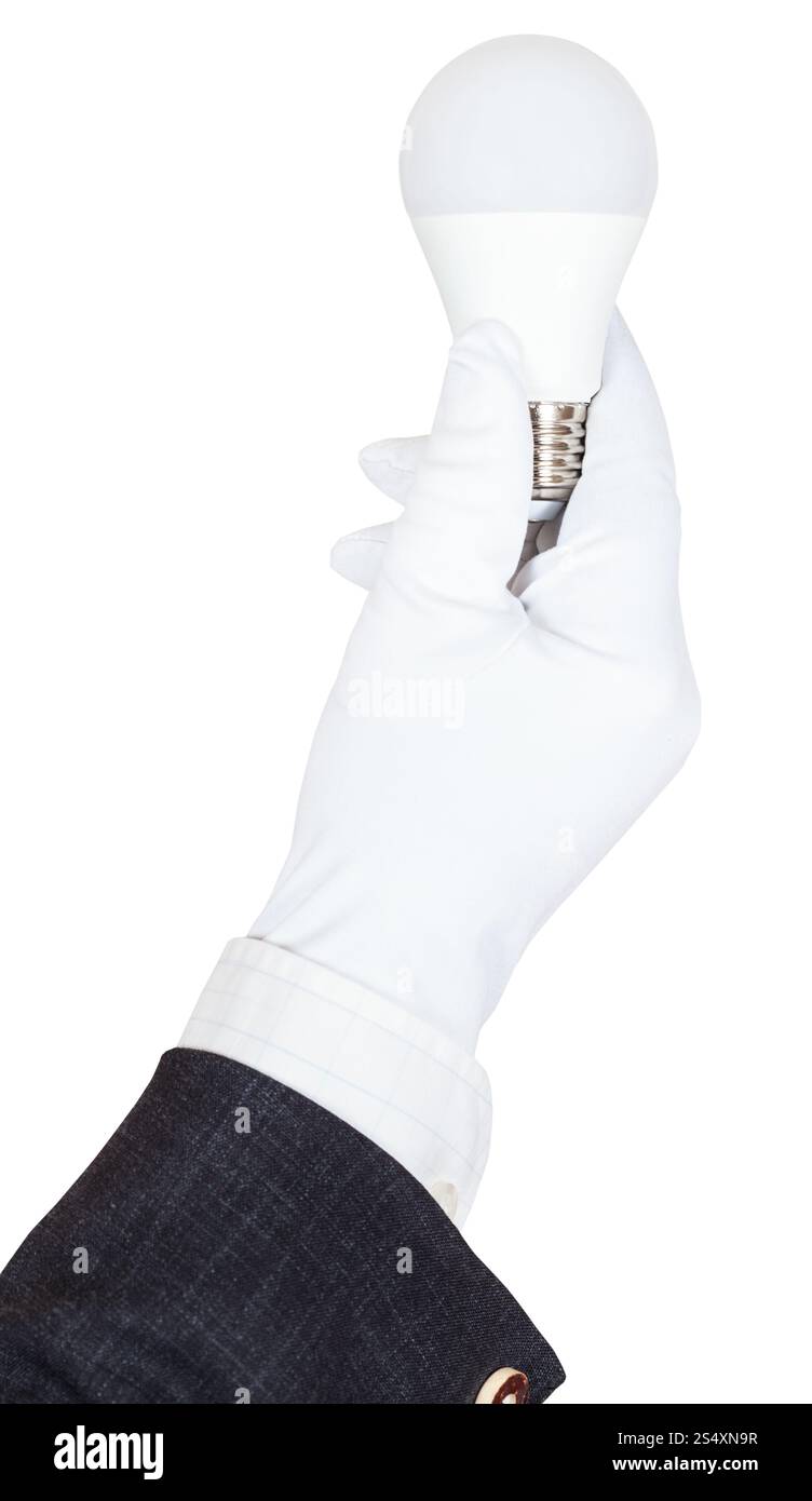 male hand in business suit and textile glove holds compact LED lamp ...