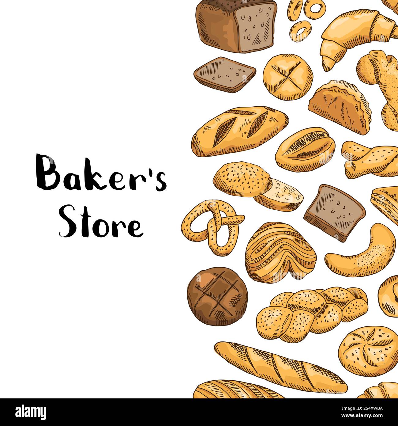 Vector hand drawn colored bakery elements illustration with place for ...