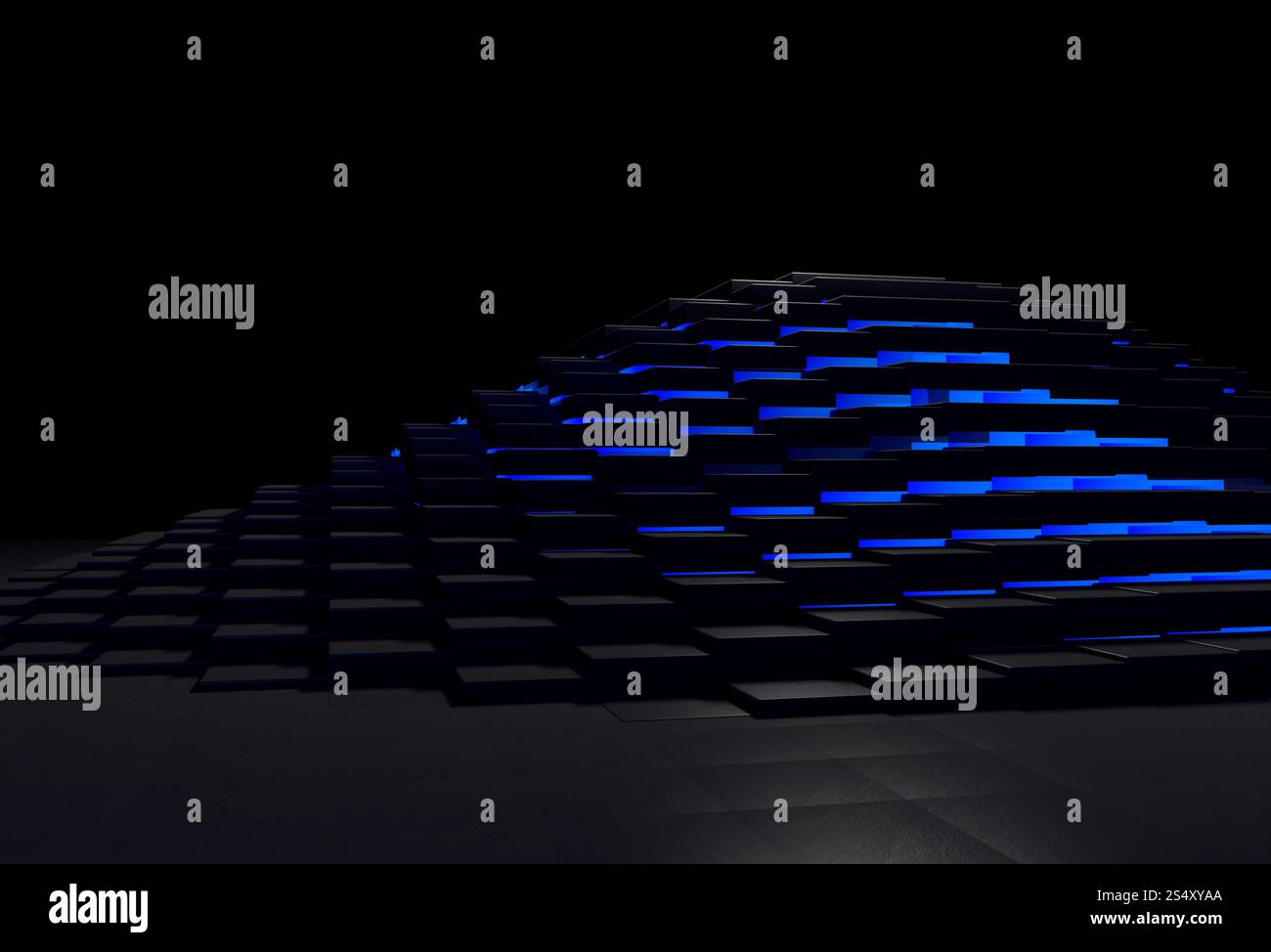 Abstract 3D background with black stone pyramid glowing with blue light ...