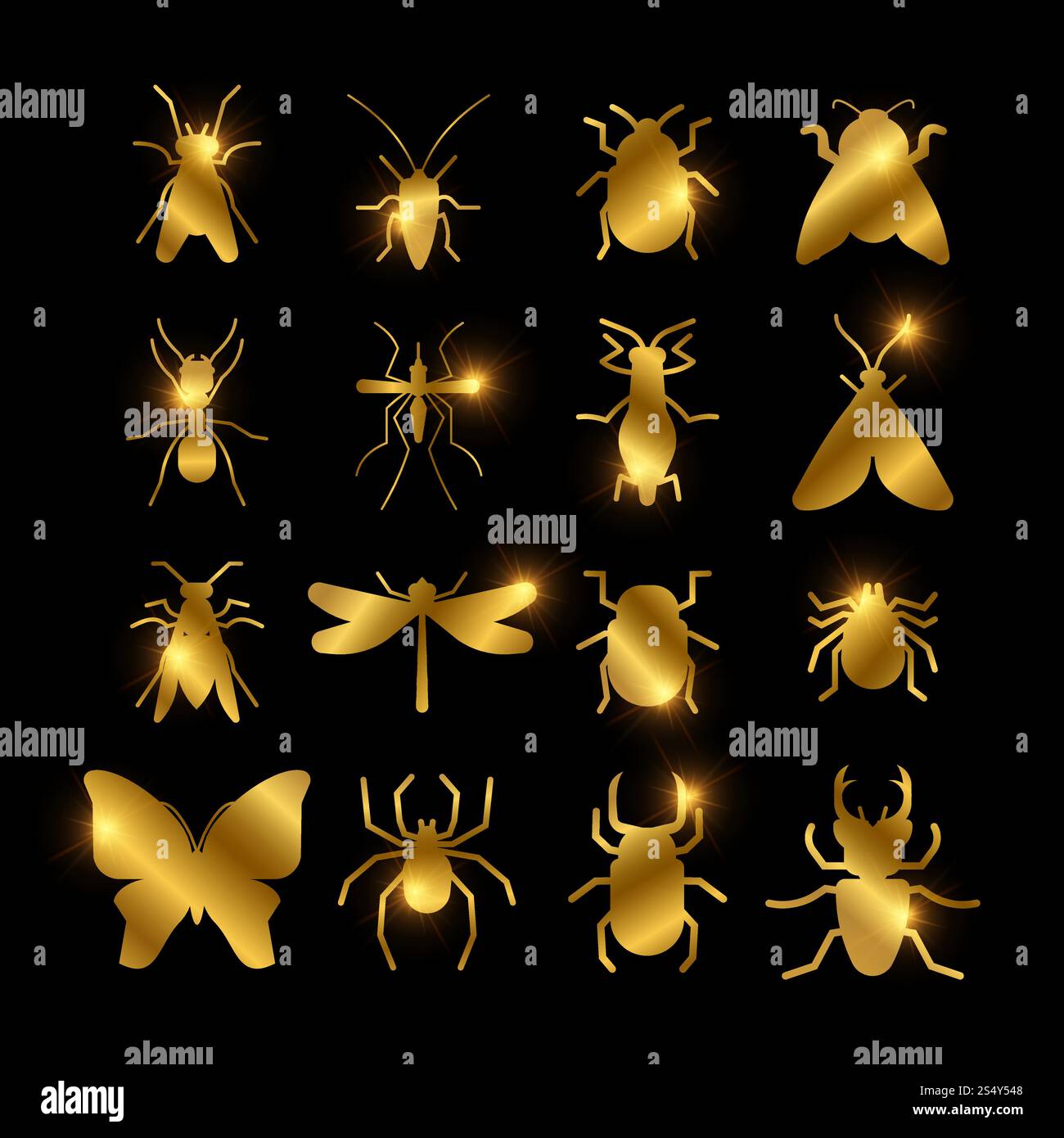 Shiny golden insects silhouette of set isolated on black background ...